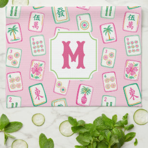 Pink & Green Palm Beach Mahjong Tiles Monogram Tea Towel