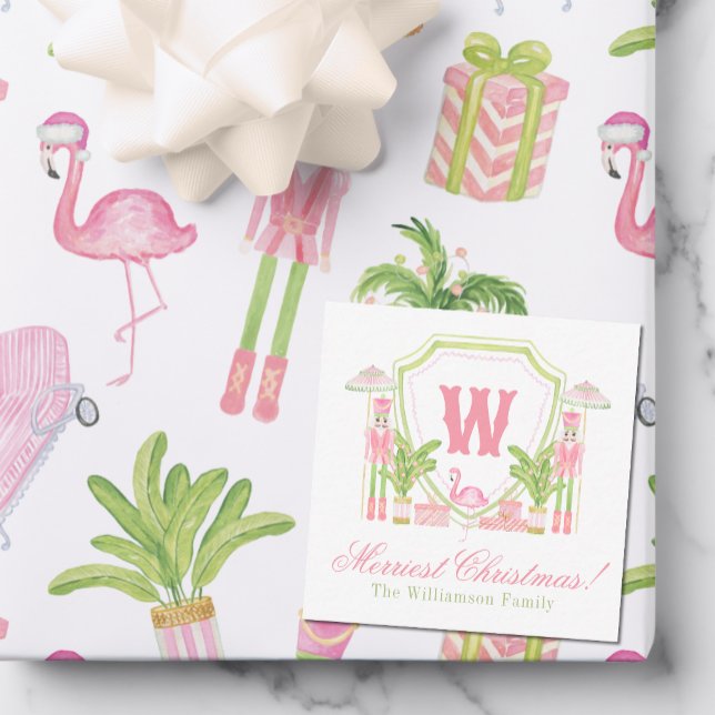 Pink & Green Palm Beach Nutcracker Monogram Crest Card (Creator Uploaded)
