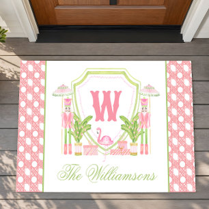 Pink & Green Palm Beach Nutcracker Monogram Crest Doormat