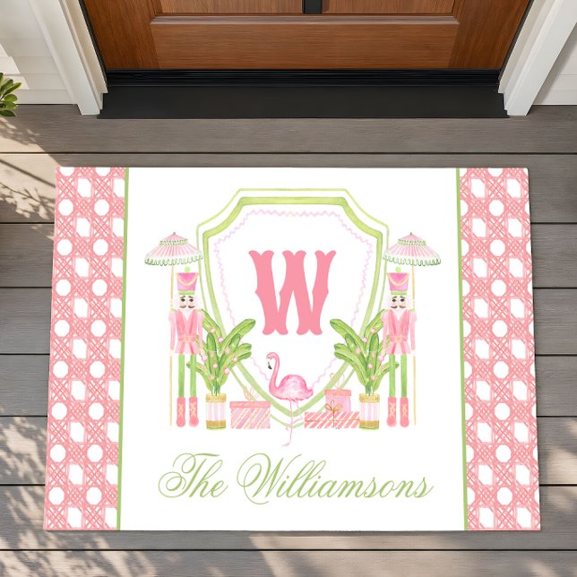 Pink & Green Palm Beach Nutcracker Monogram Crest Doormat (Creator Uploaded)