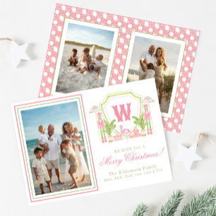 Pink & Green Palm Beach Nutcracker Monogram Crest Holiday Card