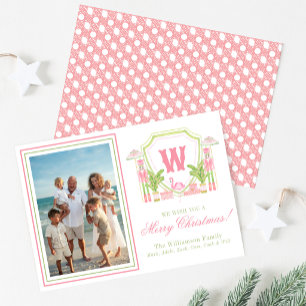 Pink & Green Palm Beach Nutcracker Monogram Crest Holiday Card