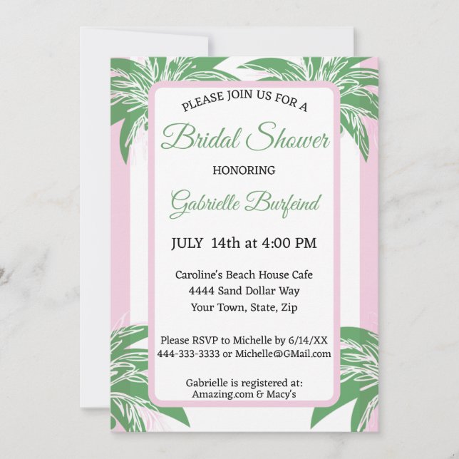 Pink & Green Palm Bridal Shower Tropical  Invitation (Front)