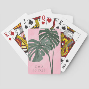 Pink Green Palm Leaf Personalized Wedding Initials Playing Cards