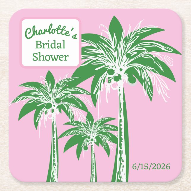 Pink Green Palm Tree Bridal Shower Script Name Square Paper Coaster (Front)