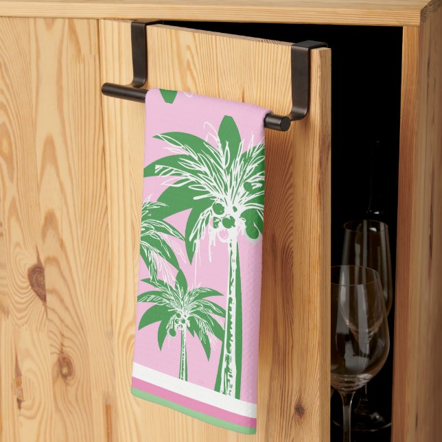 Pink Green Palm Tree Preppy Coastal Beach  Tea Towel (Thirds Fold)