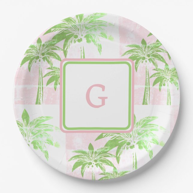 Pink Green Palm Tree Preppy Ombre Square Monogram Paper Plate (Front)