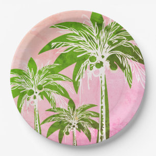 Pink Green Palm Tree Preppy Ombre Watercolor Paper Plate