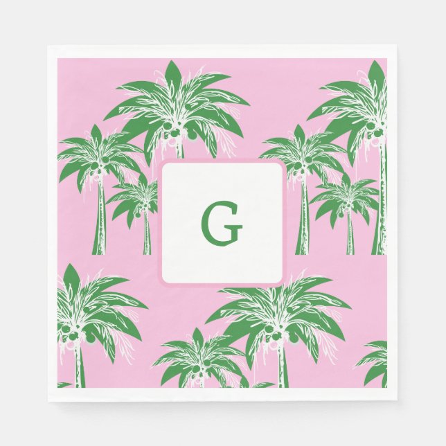 Pink Green Palm Tree Preppy Summer Beach Monogram Napkin (Front)