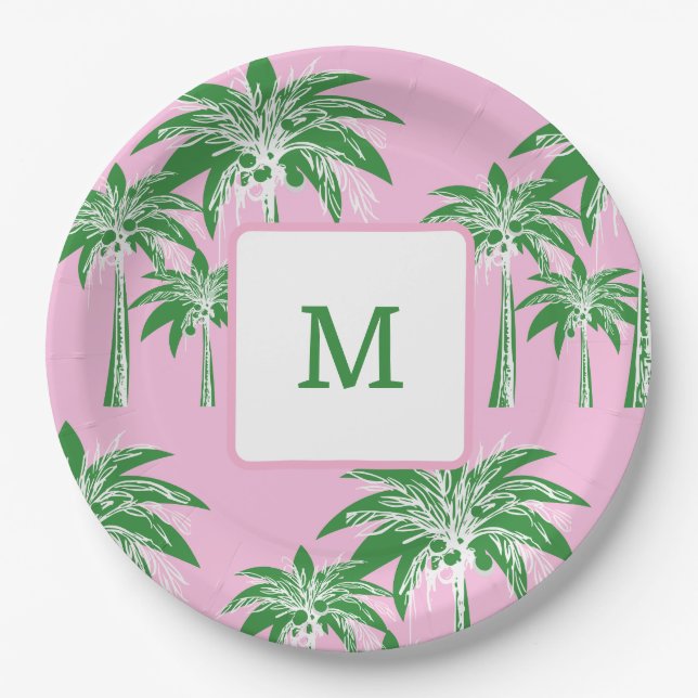 Pink Green Palm Tree Preppy Summer Beach Monogram Paper Plate (Front)