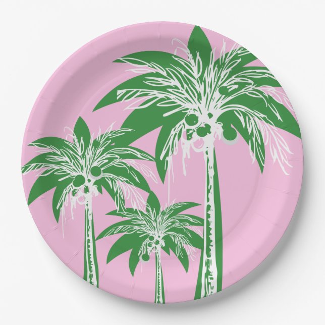 Pink Green Palm Tree Preppy Summer Beach Tropical Paper Plate (Front)