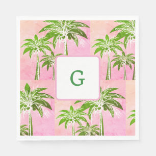 Pink Green Palm Tree Preppy Summer Ombre Monogram Napkin