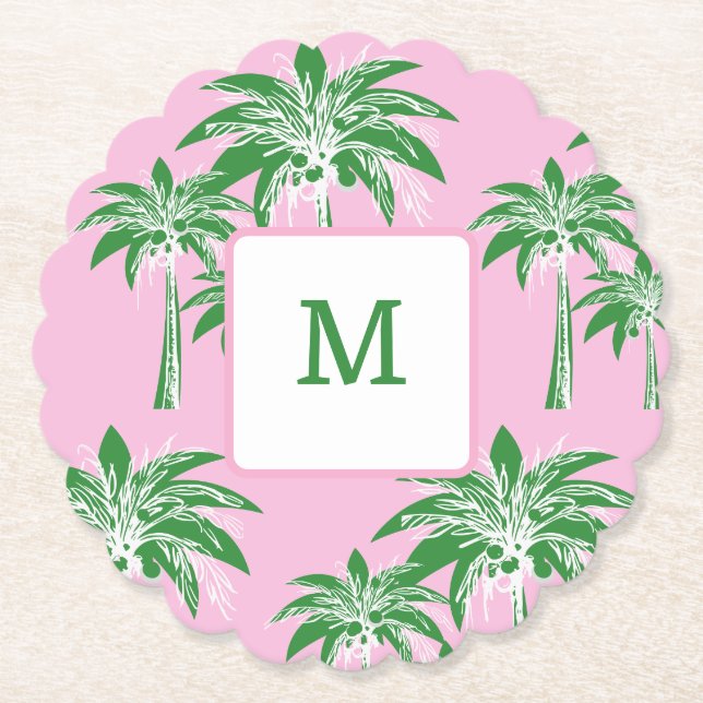 Pink Green Palm Tree Preppy Summer Shower Monogram Paper Coaster (Front)