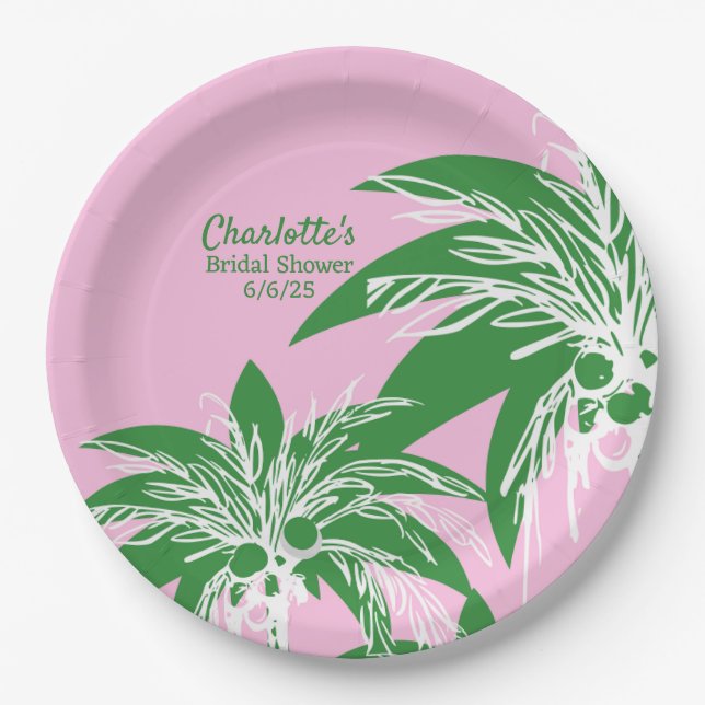 Pink Green Palm Tree Tropical Bridal Shower Name Paper Plate (Front)