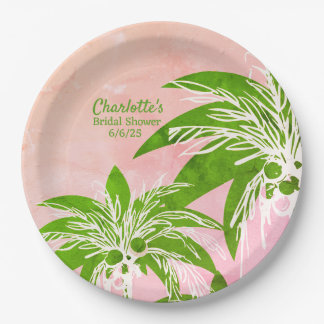 Pink Green Palm Tree Watercolor Bridal Shower Name Paper Plate