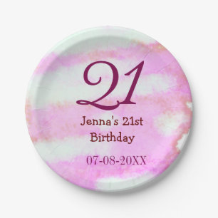 Pink green pastel 21st birthday simple name date g paper plate