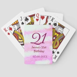 Pink green pastel 21st birthday simple name date g playing cards