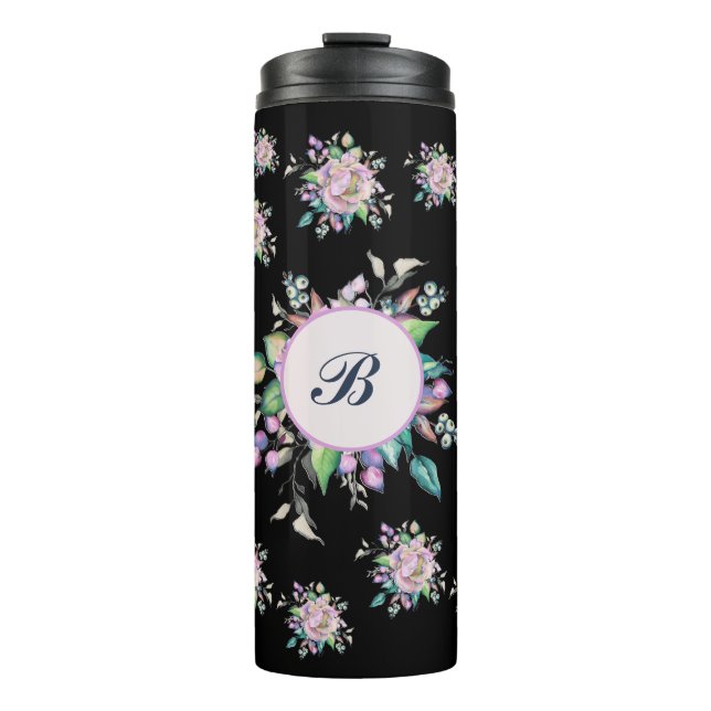 Pink Green Pastel Floral Watercolor Monogram Thermal Tumbler (Front)