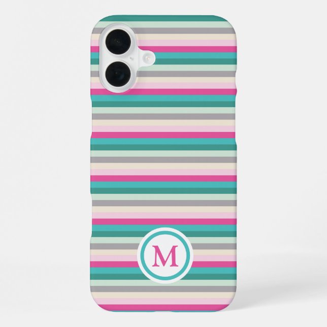 Pink Green Pastel Striped Monogram iPhone Case (Back)
