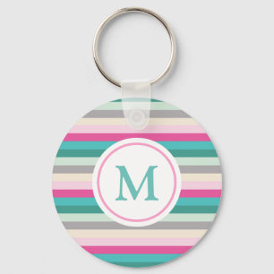 Pink Green Pastel Striped Monogram Key Ring