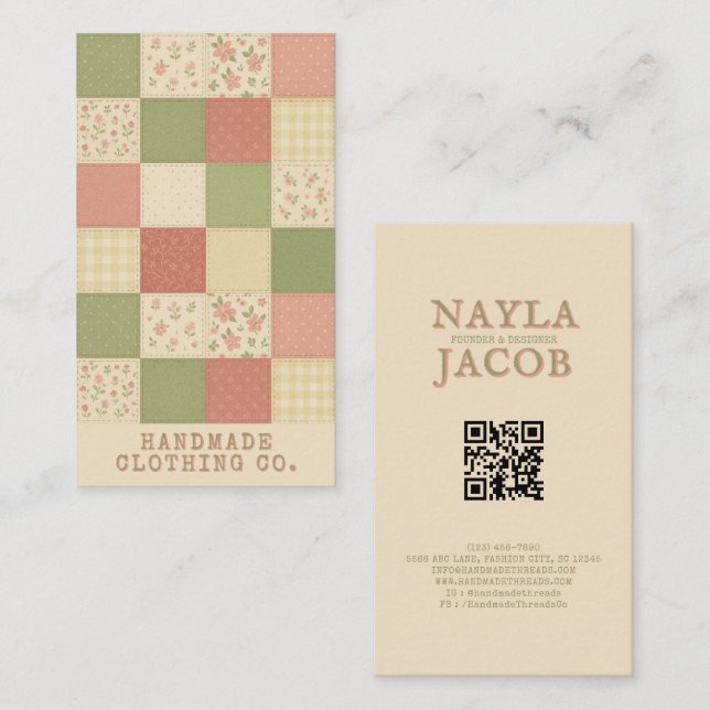 Pink Green Patchwork Quilt Rustic Farmhouse Floral Business Card (Front/Back)