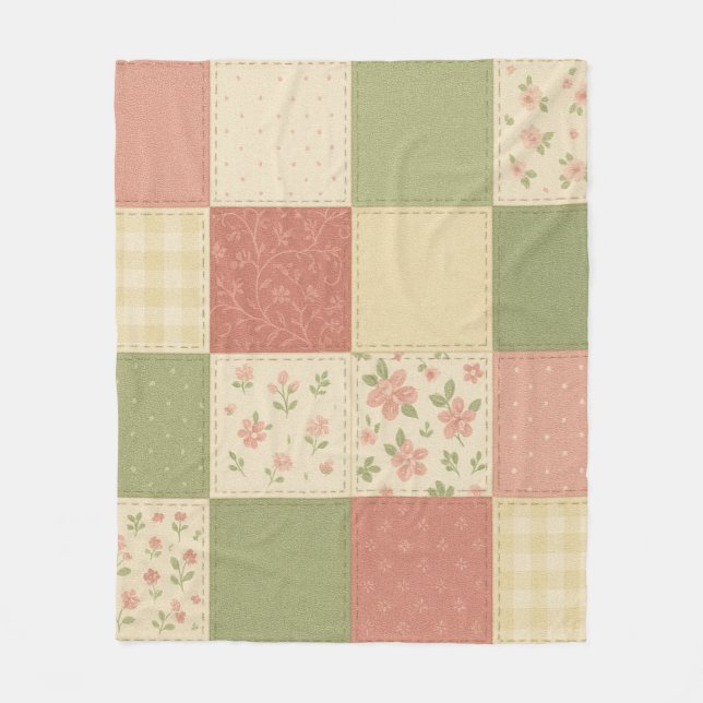 Pink Green Patchwork Quilt Rustic Farmhouse Floral Fleece Blanket (Front)
