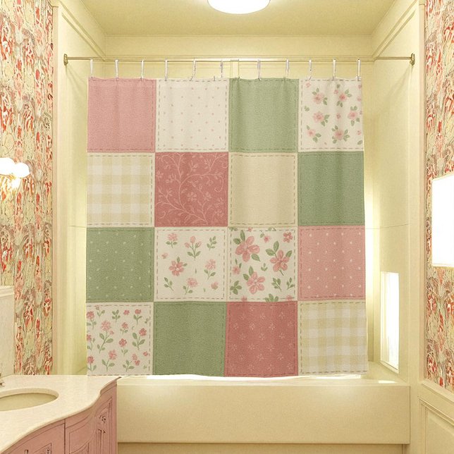 Pink Green Patchwork Quilt Rustic Farmhouse Floral Shower Curtain (Pink Green Patchwork Quilt Rustic Farmhouse Floral Shower Curtain)