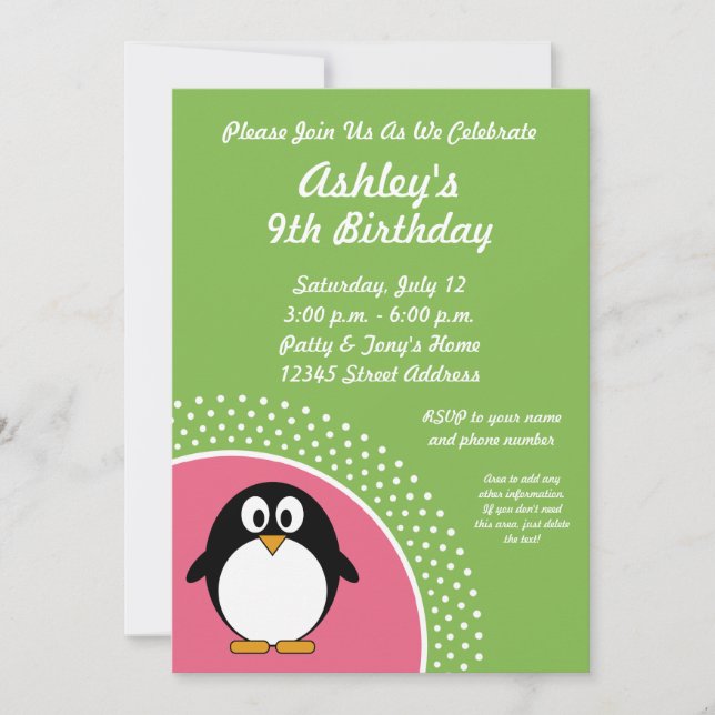 Pink Green Penguin Birthday Party Invitation (Front)