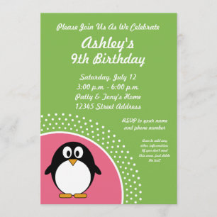 Pink Green Penguin Birthday Party Invitation