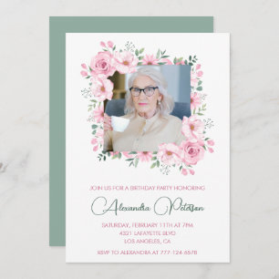 Pink Green Photo Floral Frame 96th birthday Invitation