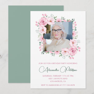 Pink Green Photo Floral Frame 98th birthday Invitation