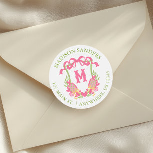 Pink & Green Pickleball Monogram Crest Address Classic Round Sticker