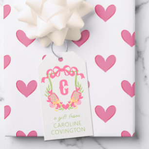 Pink & Green Pickleball Paddle Monogram Crest Gift Tags