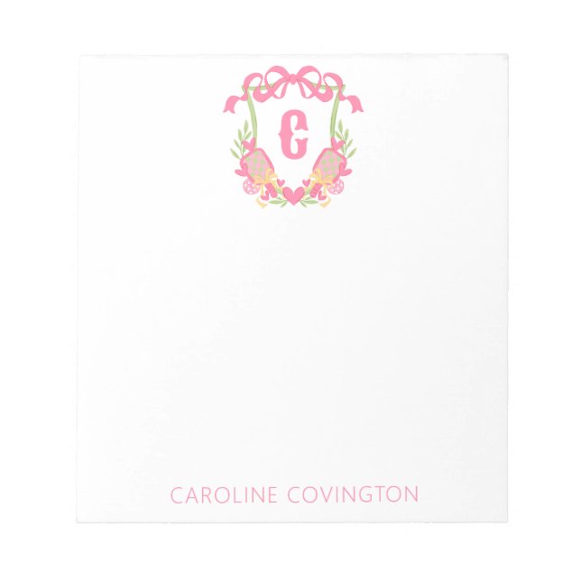 Pink & Green Pickleball Paddle Monogram Crest Notepad (Front)