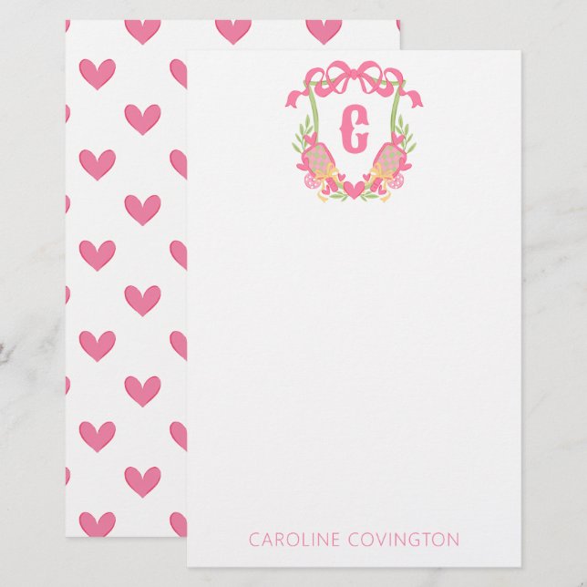 Pink & Green Pickleball Paddle Monogram Crest Stationery (Front/Back)