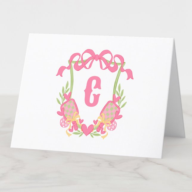 Pink & Green Pickleball Paddle Monogram Crest Thank You Card (Creator Uploaded)