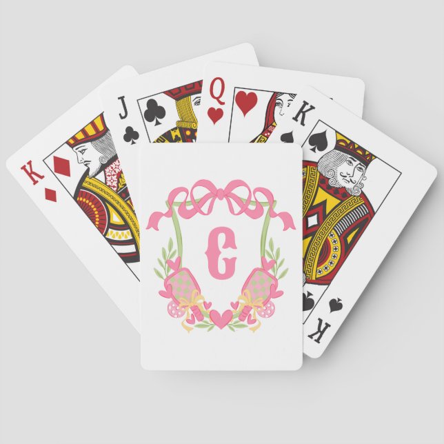 Pink & Green Pickleball Paddles Monogram Crest Playing Cards (Back)