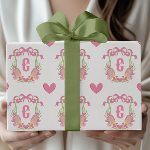 Pink & Green Pickleball Paddles Monogram Crest Wrapping Paper