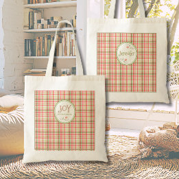 Pink & Green Plaid Joy in Every Chapter Custom Tote Bag