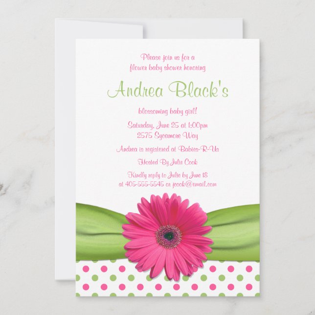 Pink Green Polka Dot Daisy Baby Shower Invitation (Front)