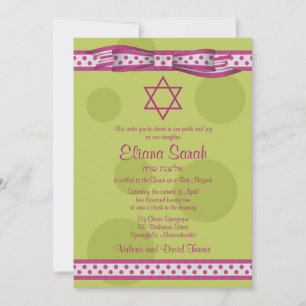 Pink Green Polka Dots Bow Bat Mitzvah Invitation