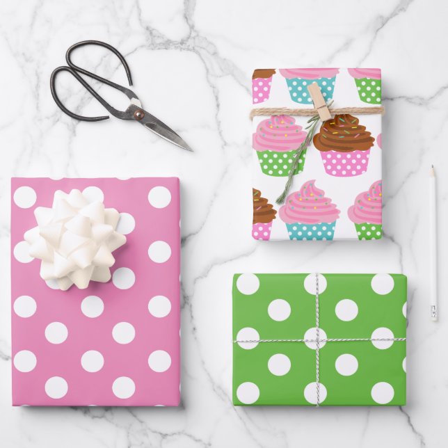 Pink & Green Polka Dots Cupcakes Gift Wrap Sheets (Front)