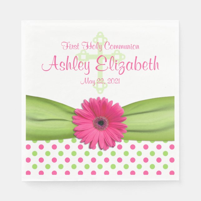 Pink Green Polka Dots First Communion Personalised Napkin (Front)