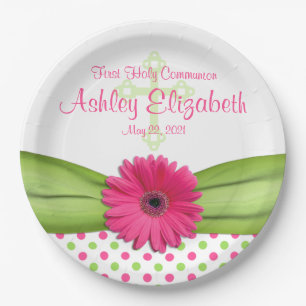 Pink Green Polka Dots First Communion Personalised Paper Plate