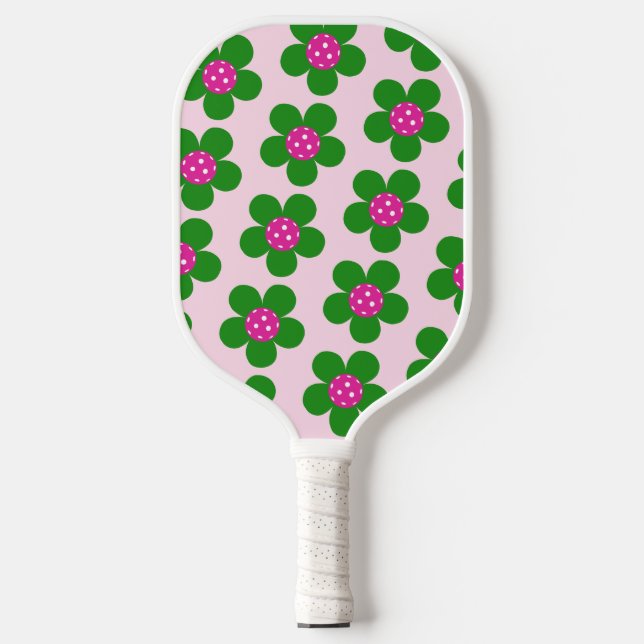 Pink + Green preppy flowers cute girly Pickleball Paddle (Front)