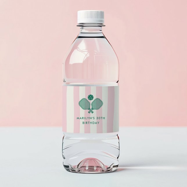 Pink Green Preppy Pickleball Birthday Party Water Bottle Label (Pink preppy pickleball birthday party water bottle labels)