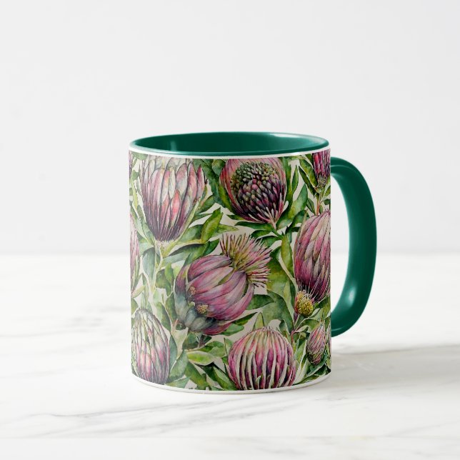 Pink & Green Protea Flowers Pattern Mug (Front Right)