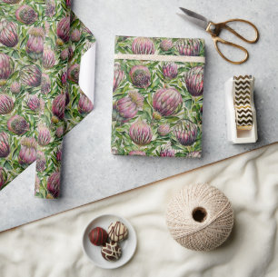 Pink & Green Protea Flowers Pattern Wrapping Paper