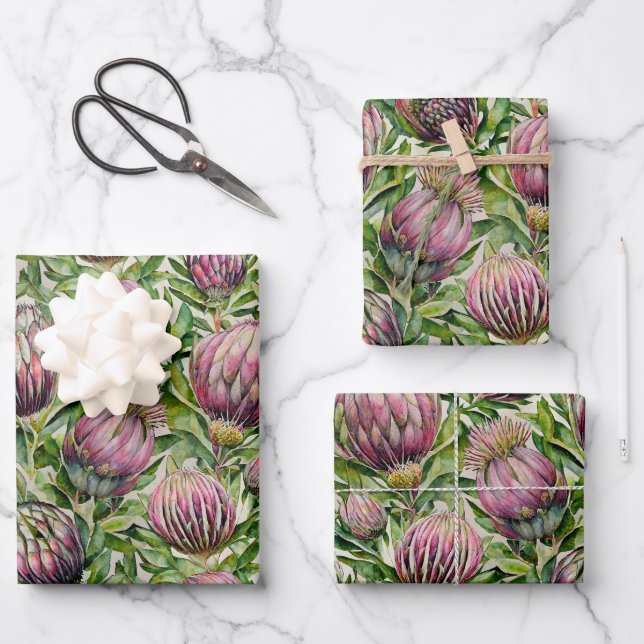 Pink & Green Protea Flowers Pattern Wrapping Paper Sheet (Front)