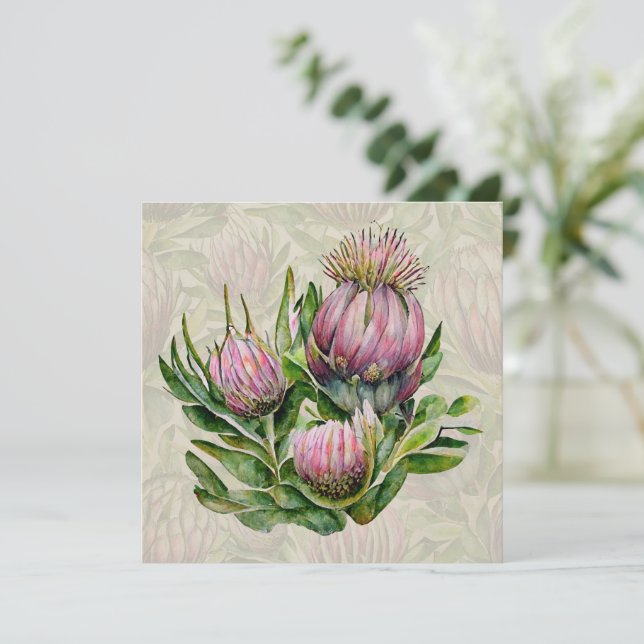 Pink & Green Protea Flowers THANK YOU Holiday Card (Standing Front)